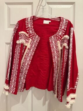 Red Embroidered Fringe Open-Front Cardigan - Womens